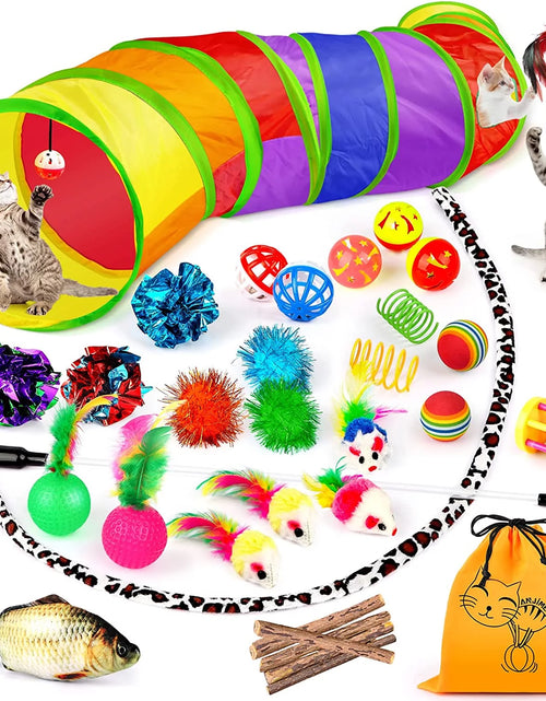 Load image into Gallery viewer, 32 PCS Cat Toys Kitten Toys, Variety Catnip Toys with Rainbow Tunnel Interactive Cat Feather Teaser Spring Toy Set for Cat, Kitty
